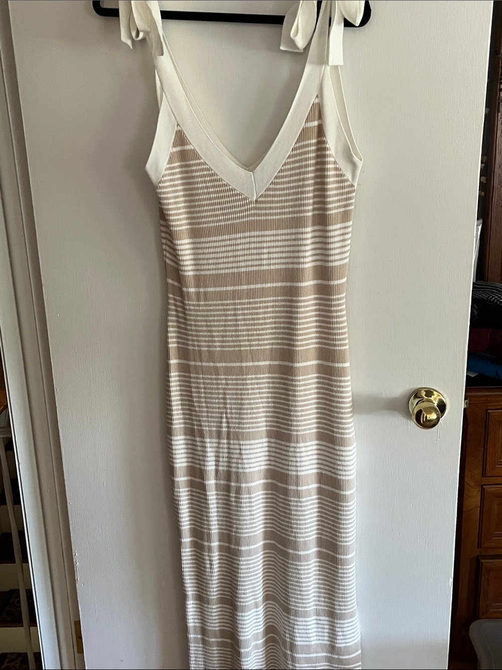 Sleeveless Cream & White Striped Maxi Dress with Tie Straps